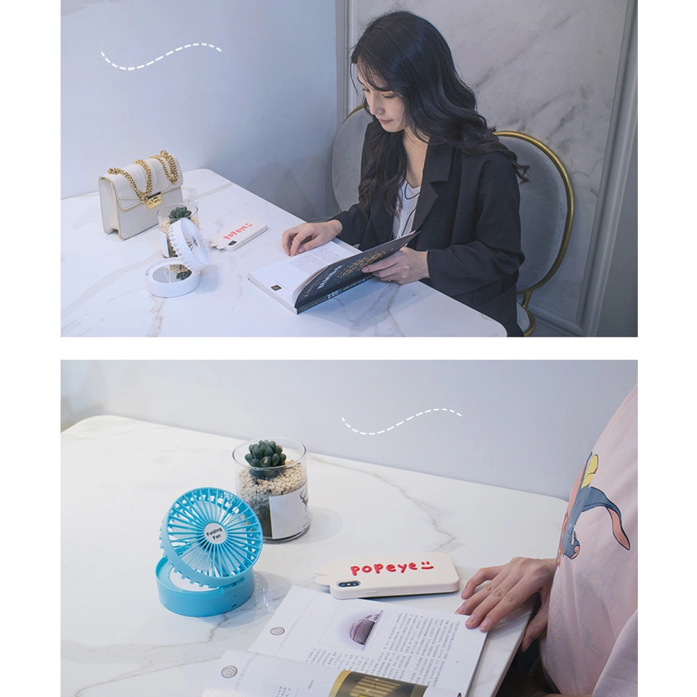 1PC USB Charging Desktop Fan Small Foldable Portable Fan Cool Practical Mini Fan with Mirror for Home School Office (Blue)