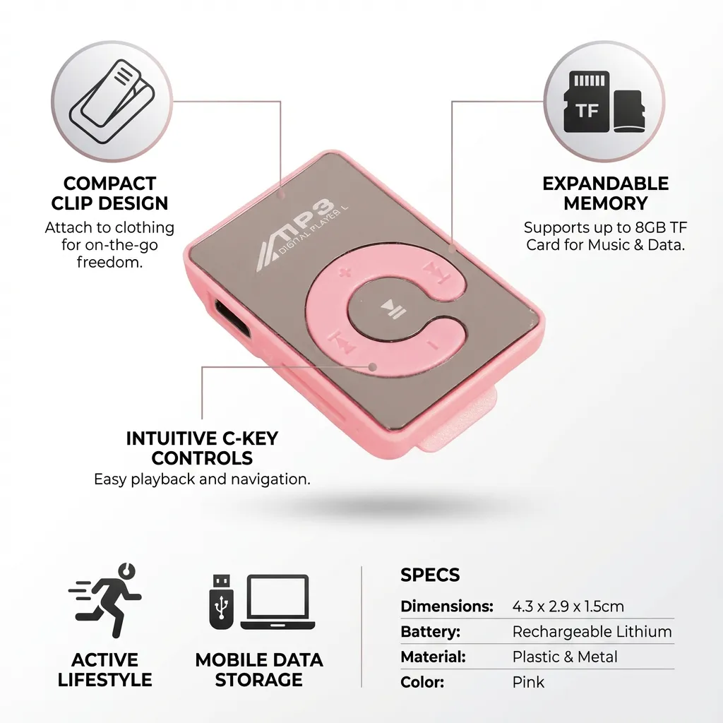 Clip MP3 Player Slot Music Player with Memory Mirror USB Headphone (Pink)
