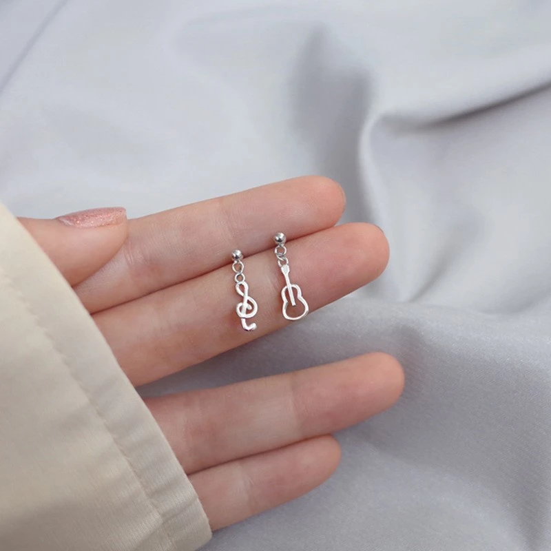 Artistic Small Guitar Cute Note S925 Sterling Silver Stud Earrings