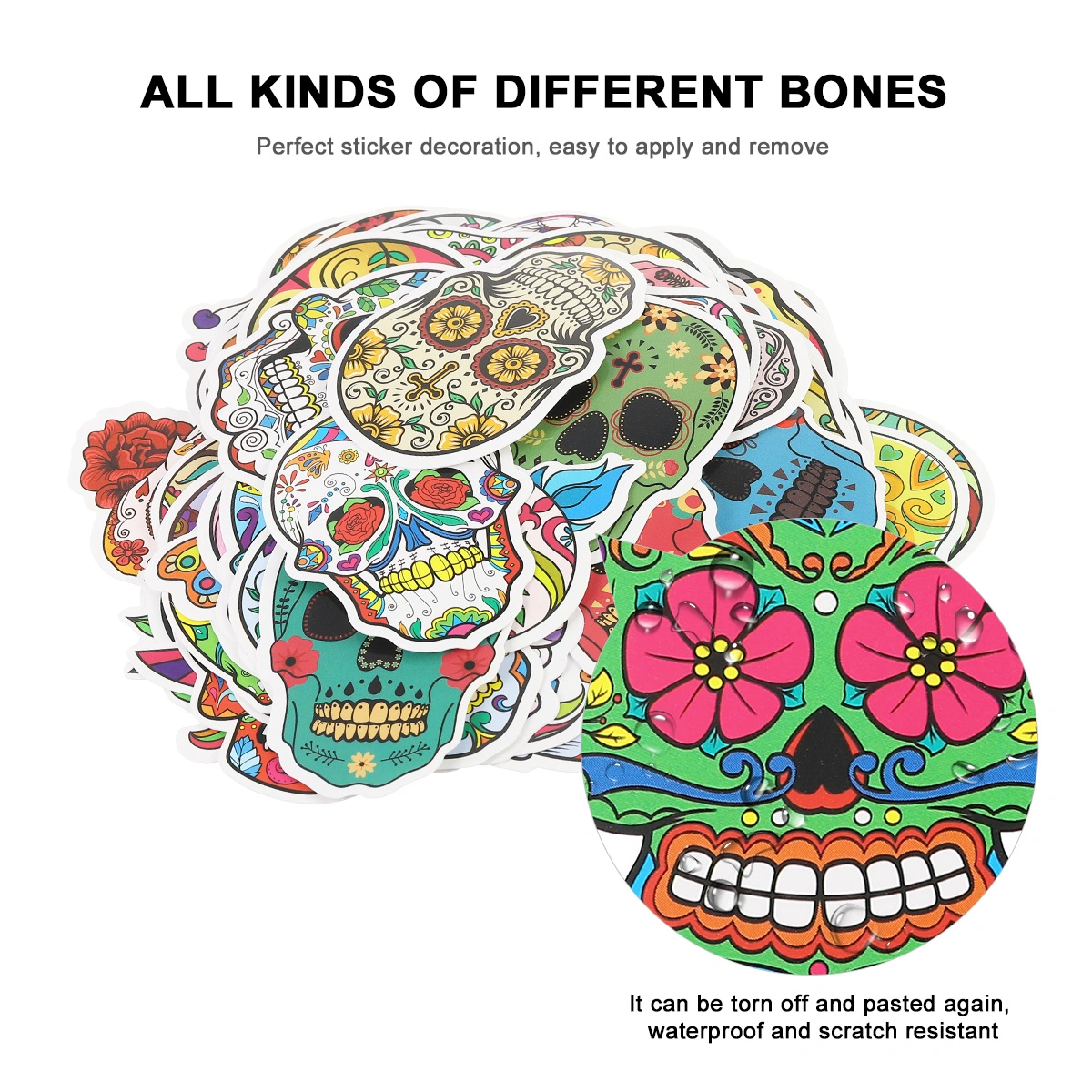 60Pcs Skull Stickers Colorful PVC Waterproof Halloween Graffiti Stickers