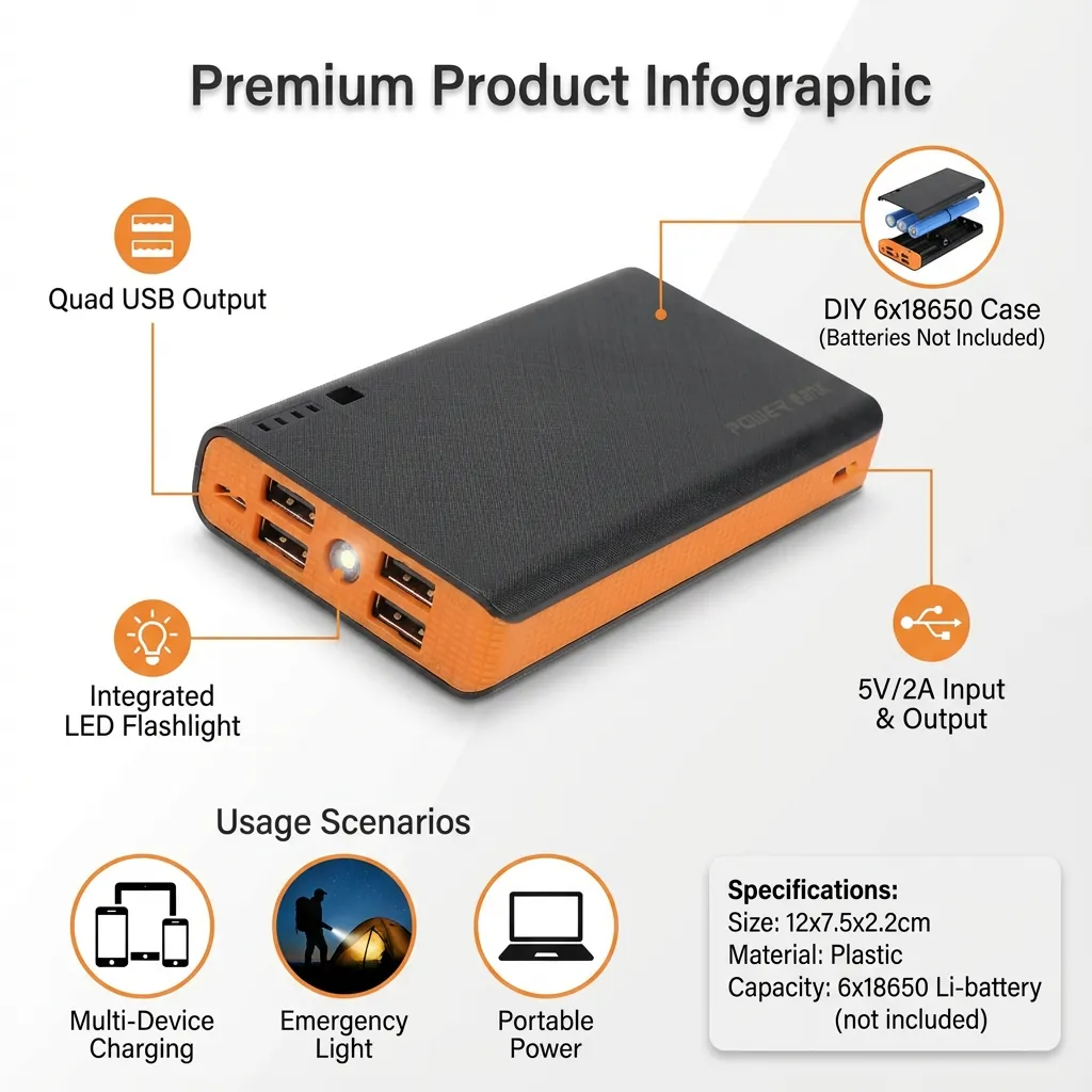 Portable Plastic Pack 6x18650 Power Bank Case Four USB Ports External Backup Battery Shell Charger Box and Power Bank Module Board (Orange)