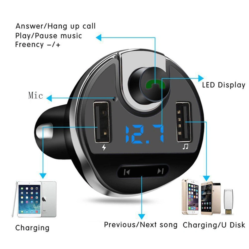 FM Transmitter for Car Hands free Calling Wireless In-Car FM Modulator Radio Adapter Car Kit with USB Charger Voltage Detection for iPhone Android Smartphone