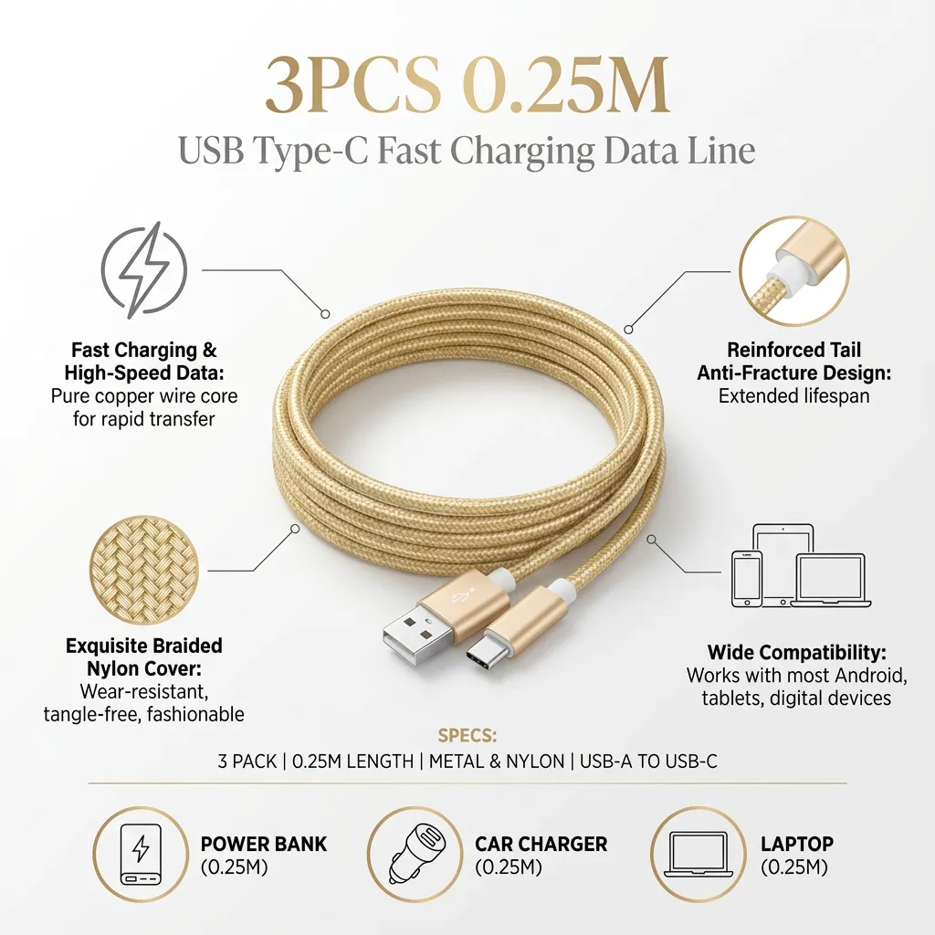 3PCS 0.25 Meter USB Type-c Mobile Phone Charging Line Fast Charging Data Line