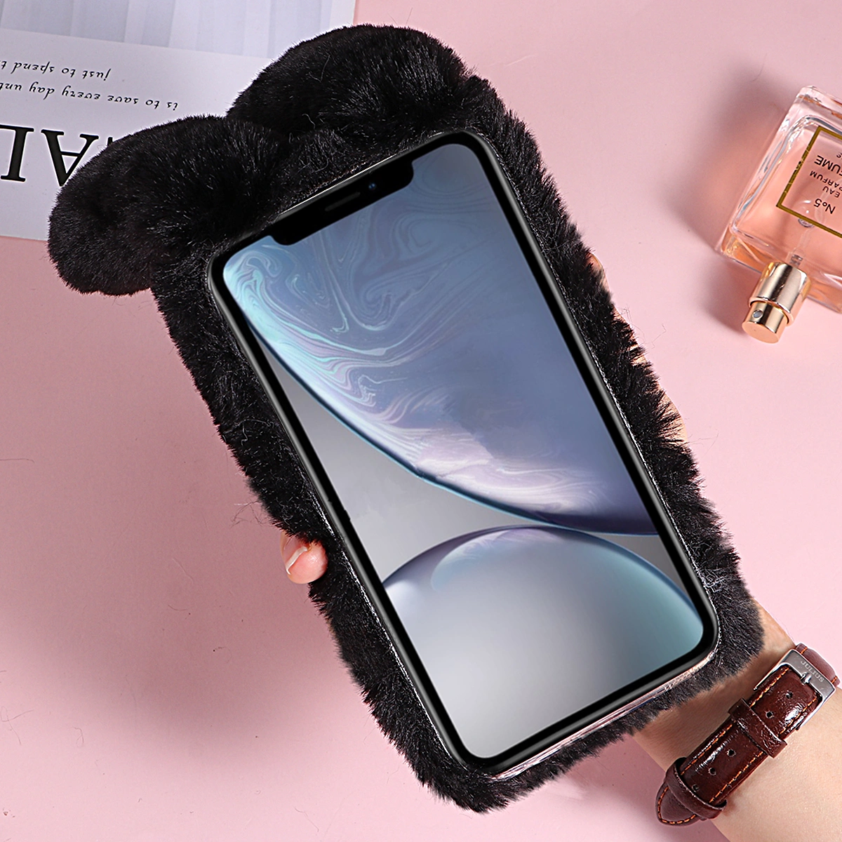 Black 6.1 Inches Plush Rabbit Pattern Phone Case Fashion Rhinestone Winter Keep Warm Phoho Shell Shockproof Cover Compatible With Apple iPhone 11