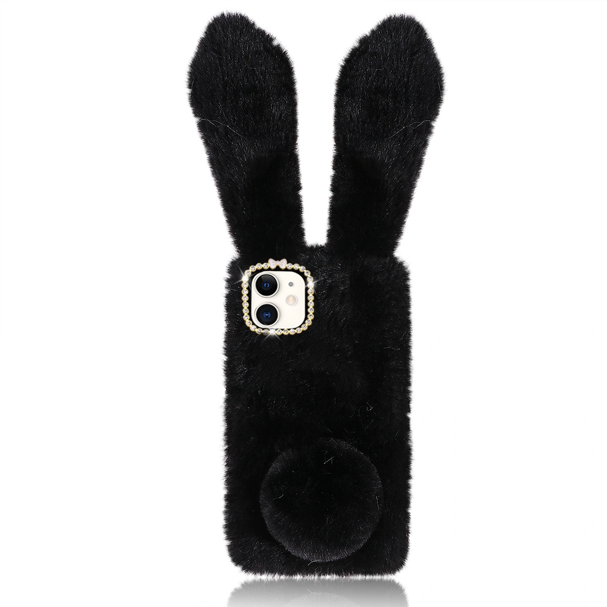 Black 6.1 Inches Plush Rabbit Pattern Phone Case Fashion Rhinestone Winter Keep Warm Phoho Shell Shockproof Cover Compatible With Apple iPhone 11