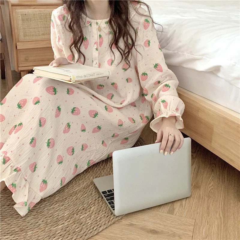 Strawberry Nightdress Women's Long Sleeve Outerwear Homewear