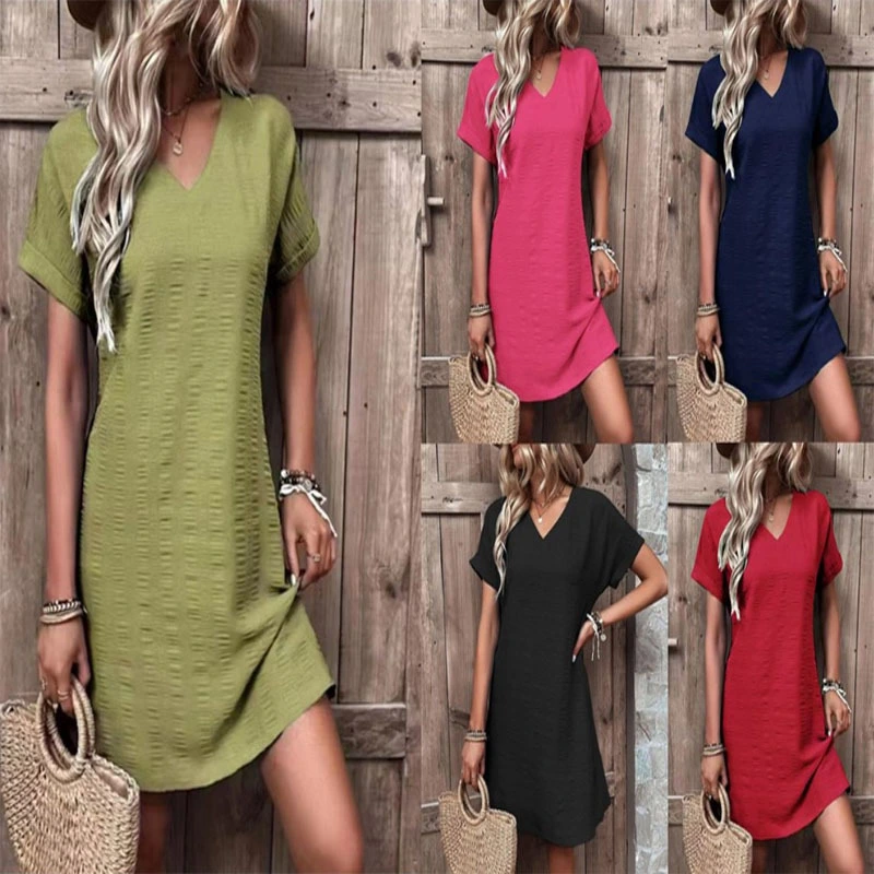 Fashionable Slim-fit V-neck Solid Color Short Sleeve Dress
