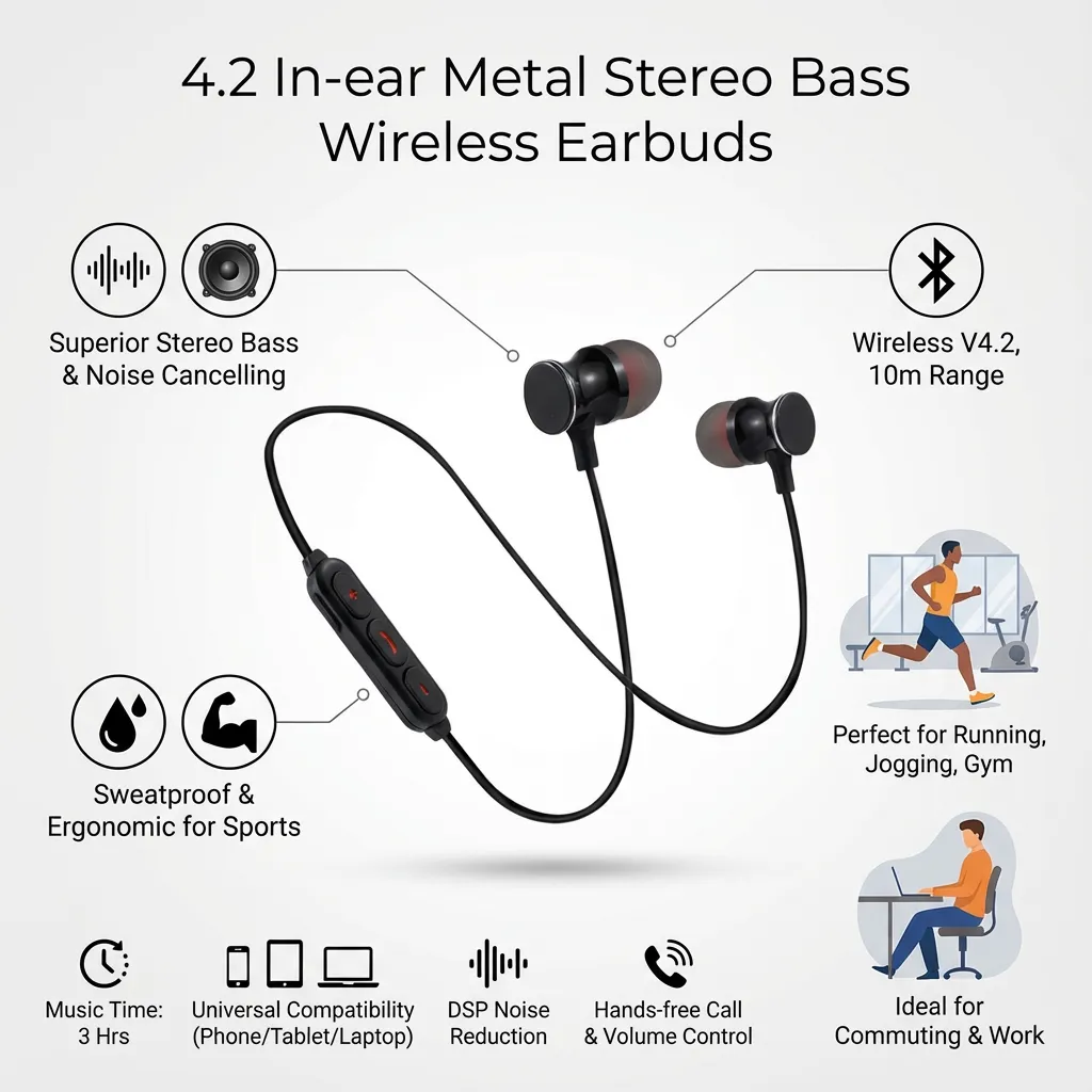4.2 In-ear Earphones Metal Stereo Bass Headphones With Microphone Headphones Wireless Headset Stereo Noise Cancelling Earbuds (Black)