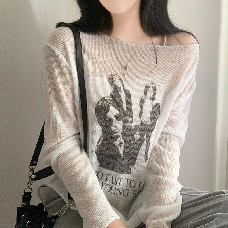 Summer Thin Abstract Printing See-through Smock Top