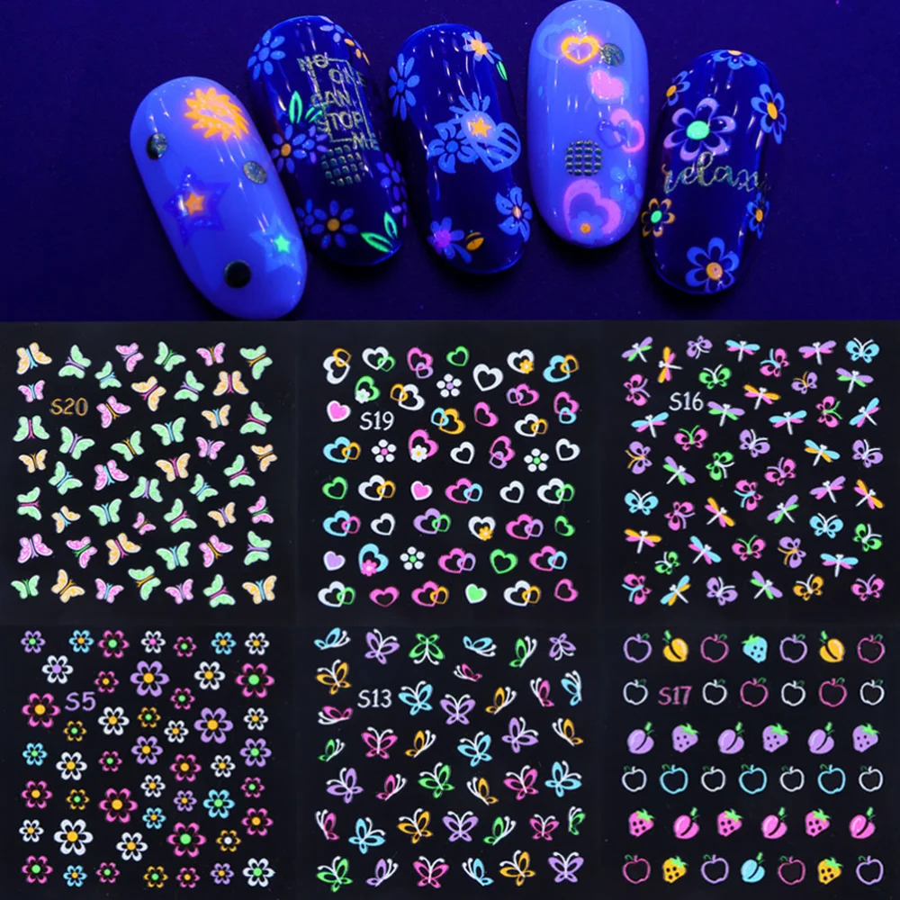 24 Sheets Luminous Nail Art Stickers Decals Flower Butterflies Pattern DIY Decor