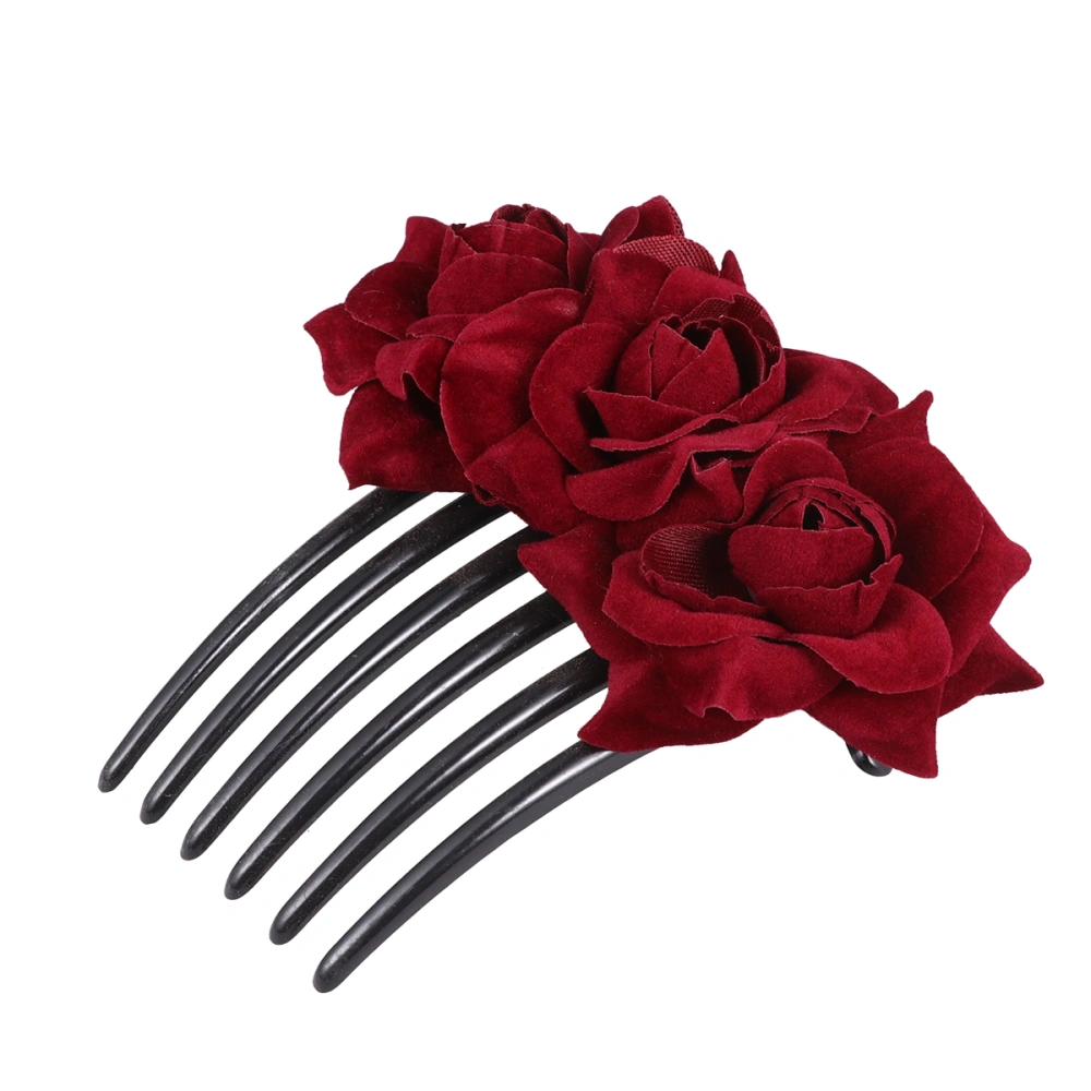 1pc Rose Hair Comb Simulation Floral Hair Insertion Comb Headwear for Women Girls (Wine Red)