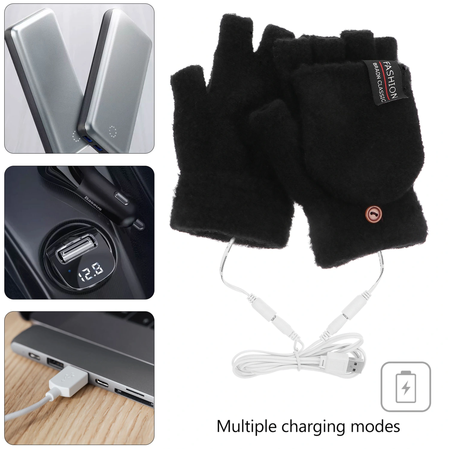 1 Pair Electric USB Heated Gloves Winter Thermal Half-Finger Gloves with Full-Finger Cover