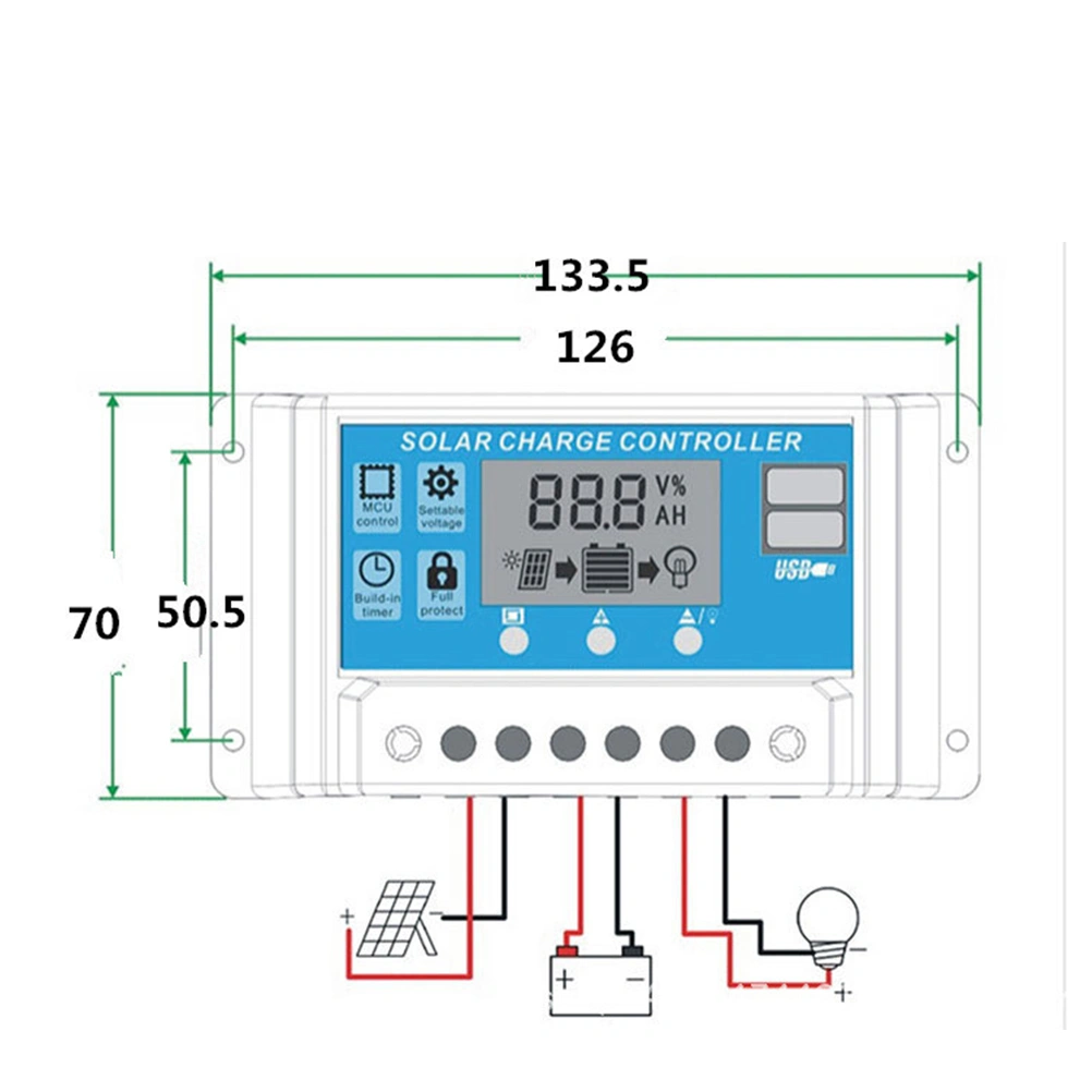 30A 12V 24V Solar Cell Panel Controller Auto LCD Dual USB Solar Charge Battery PV Regulator (Black)
