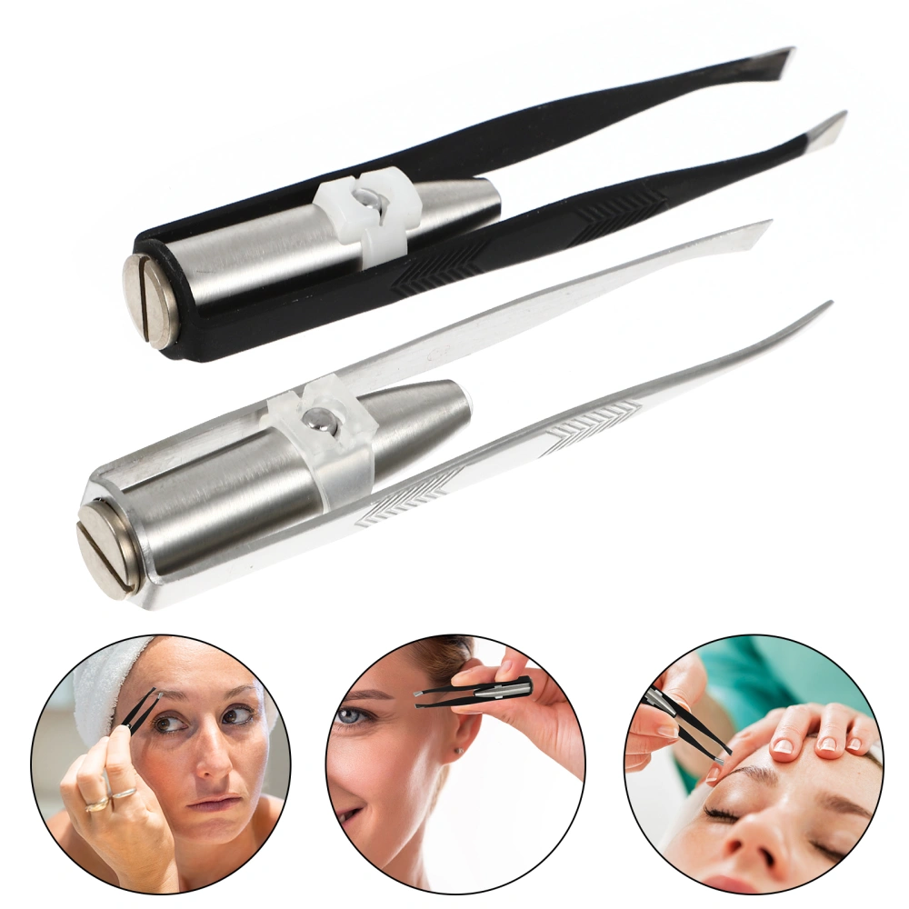 2pcs Stainless Steel Eyebrow Pliers Eyebrow Tweezer with Light (Silver Black)