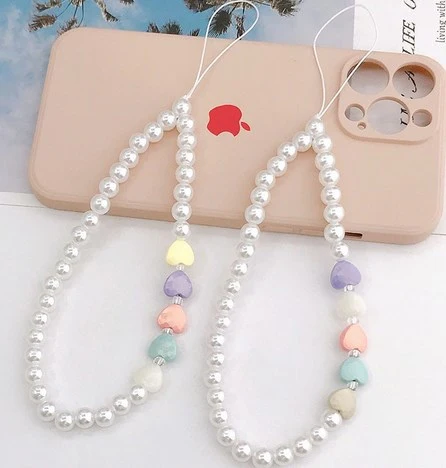 2Pcs Beaded Phone Lanyard Pearl Heart Phone Charm Wrist Strap Mobile Phone Pendant for Women