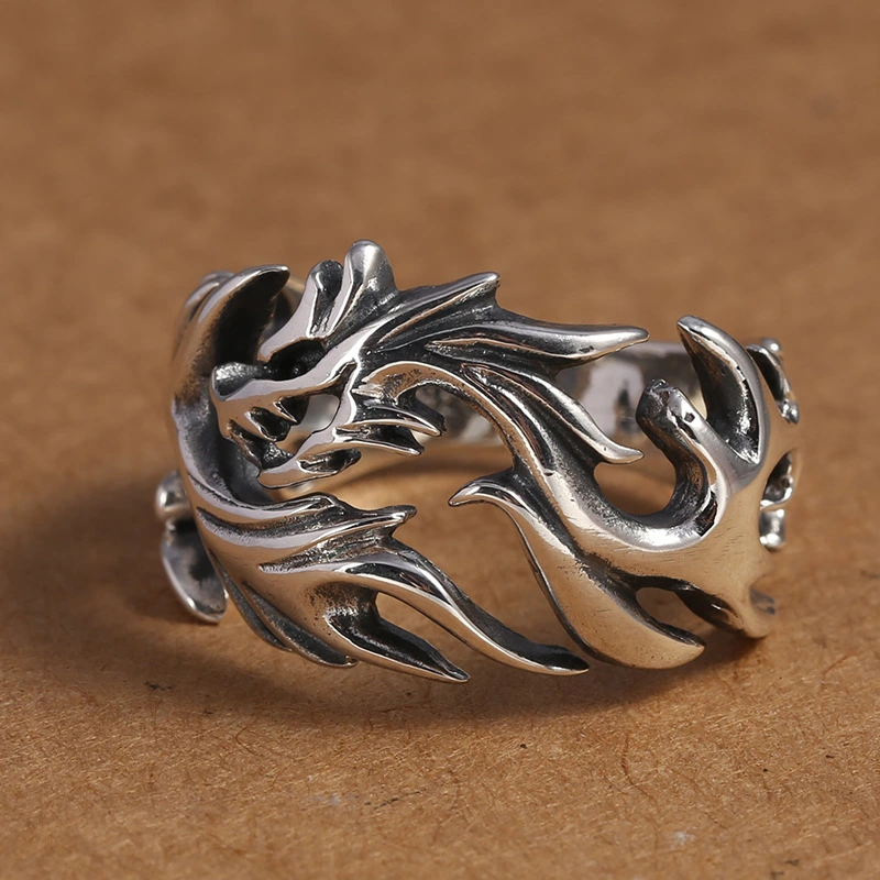 925 Sterling Silver Ornament Men's Personality Hollow Out Dragon Open Ring Thai Silver Retro Hipster Ring