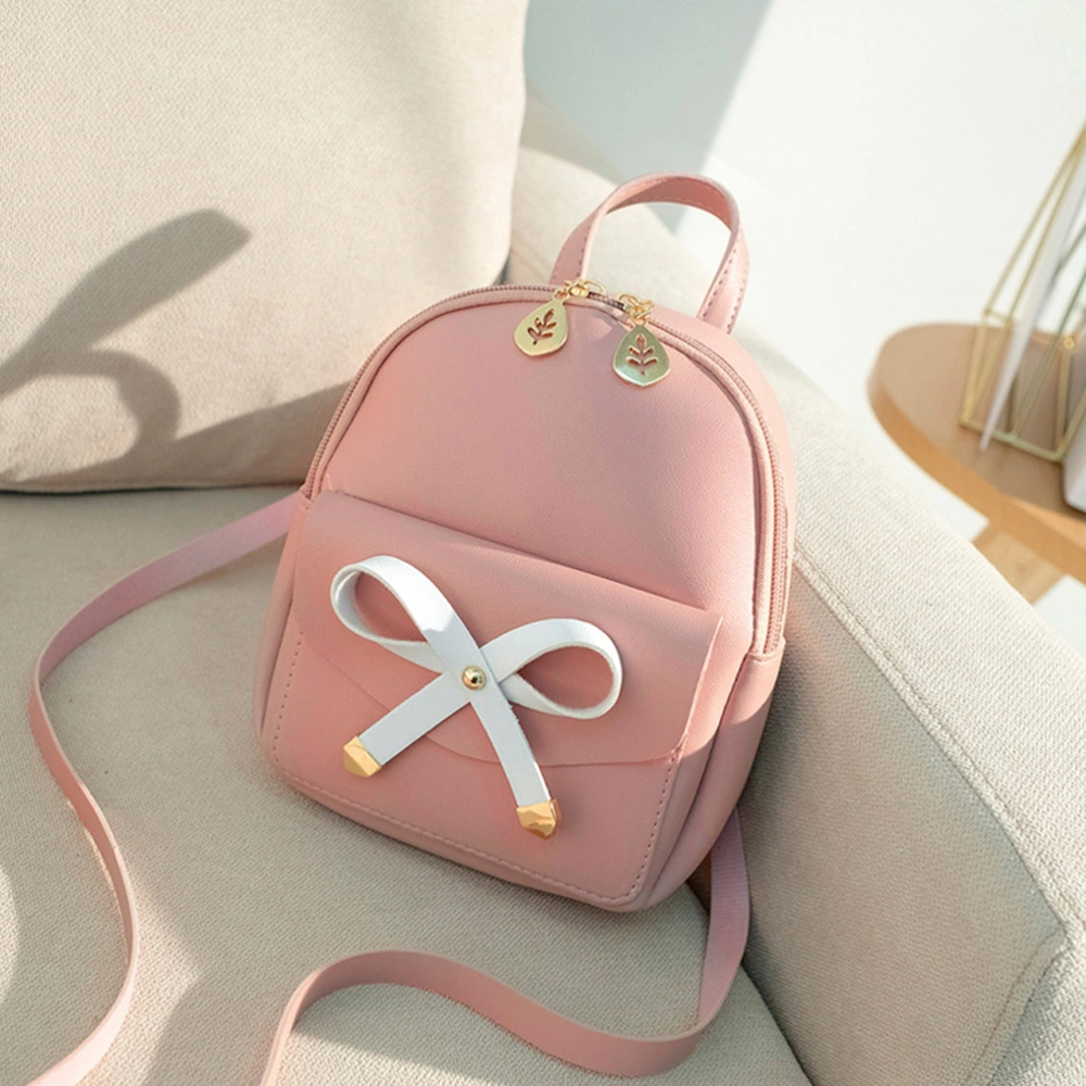 Casual Bowknot Backpack PU Leather Storage Bag Travel Pouch Large Capacity Lightweight Rucksack for Phone Purse Makeup Pink