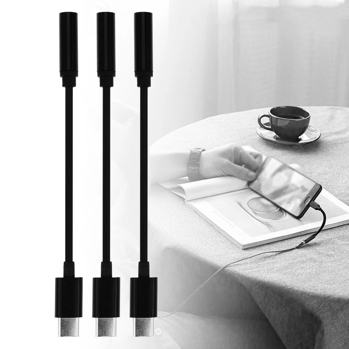 3 Pcs Type C USB C to 3.5mm Headphone Audio Jack Adapter Type C Male to Female Aux Jack Stereo earphone headphone Cable Converter for Pixel Moto Z Z Droid Force Play (Black)