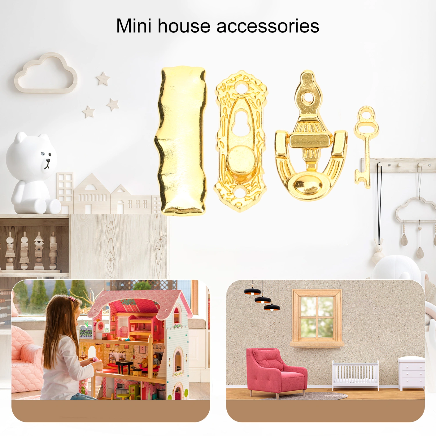 1 Set Mini House Door Accessories Tiny House Door Lock Key Door Knocker Letter Box