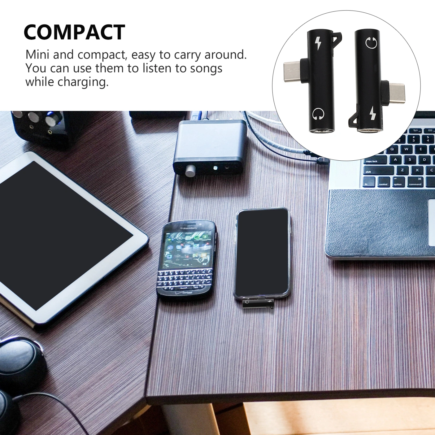 2Pcs Type-c Headphone Adapters Professional Type-c Charging Adapters (Black)