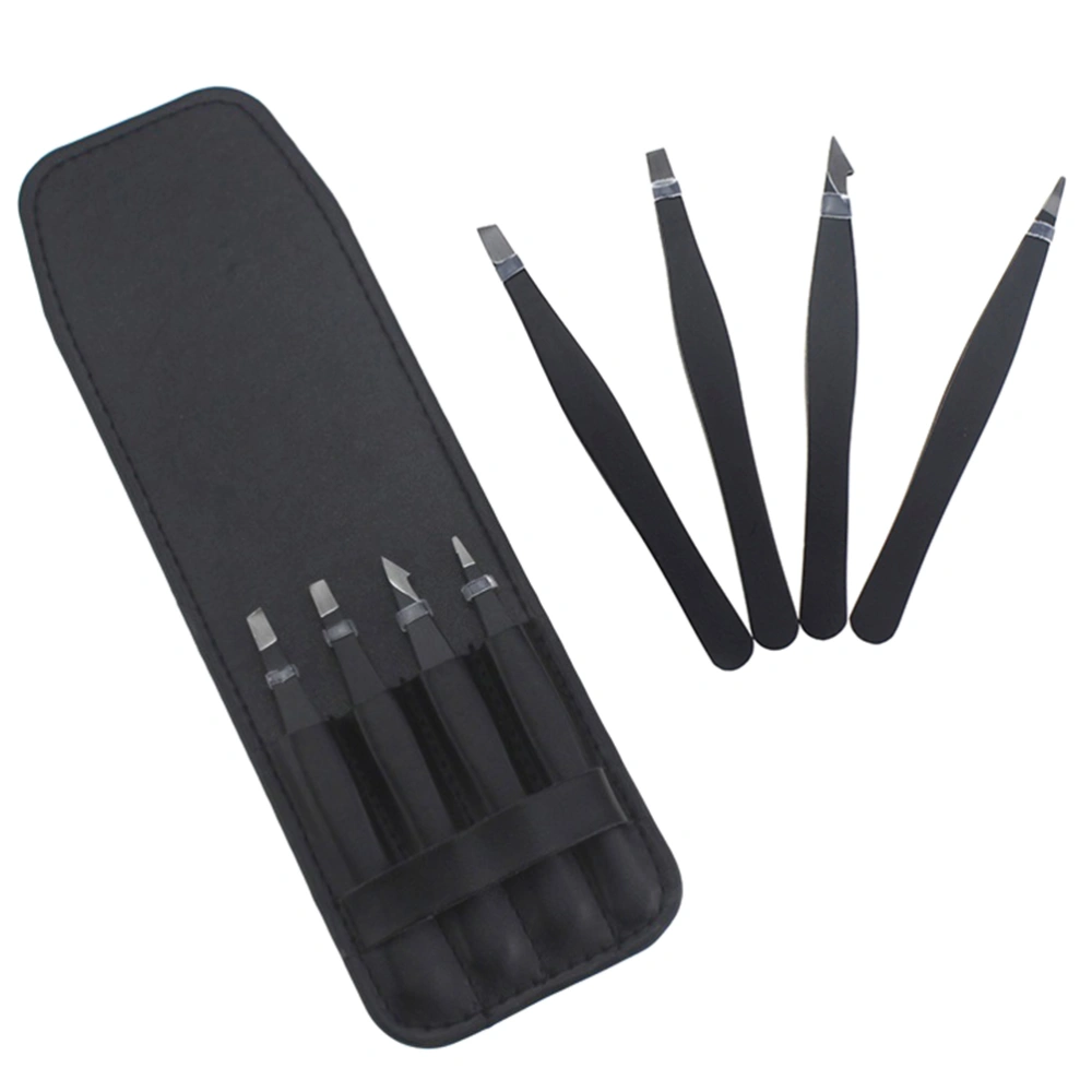 4pcs Stainless Steel Eyebrow Tweezers With Slant Flat Angled Pointed Tips For Eyebrow Ingrown Hair And Splinters With Storage Bag (Black)