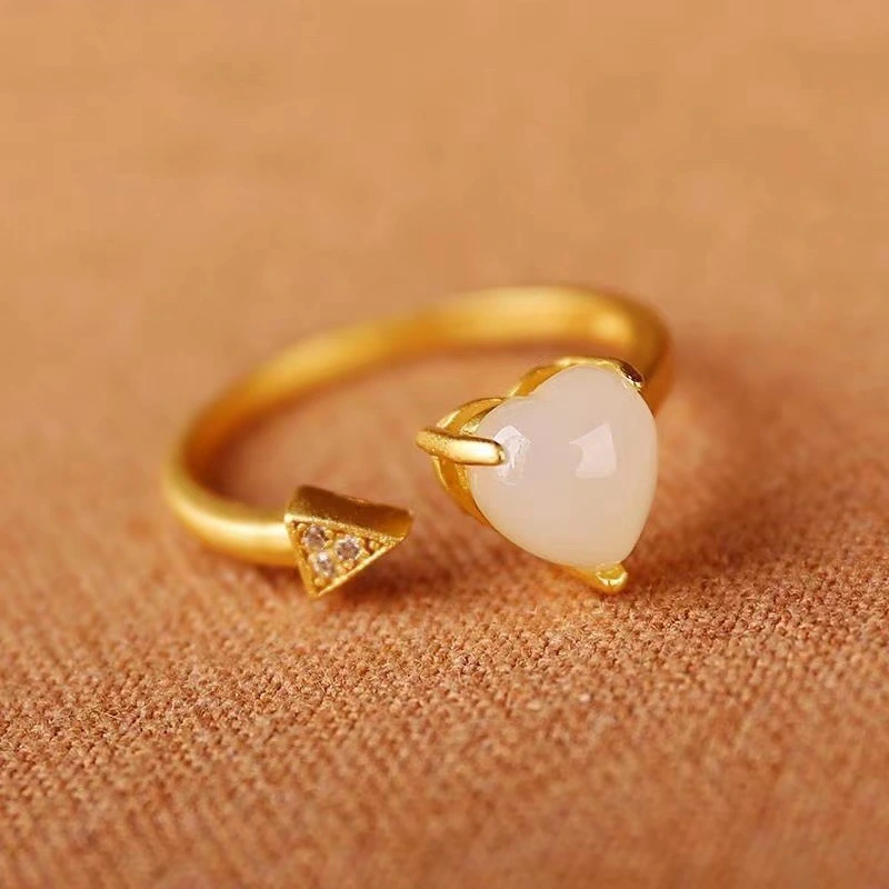 Fresh Hetian Jade Heart-shaped Open Ring Female Minimalist Design White Jade