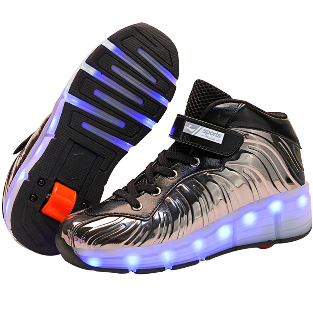 1 Pair LED Luminous Kids Shoes USB Charging Kids Roller Skate Sports Shoes with Wheel Silver Black Size 33 21.0CM, 2US, 1.5UK, 34EU, 6.0915Inch