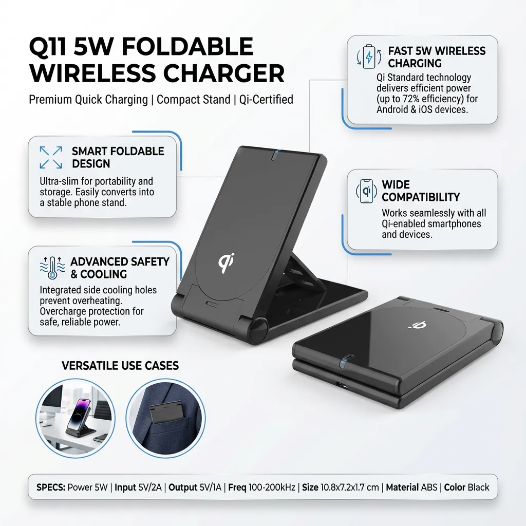Q11 5W Foldable Wireless Charger Quick Charging Fast Charger QI Wireless Charger Foldable Stand for Android iOS Other QI Devices (Black)