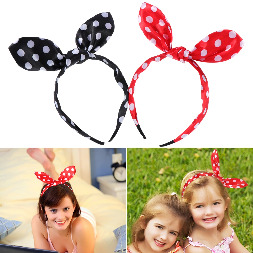 FRCOLOR 2 Pcs Bunny Ears Hair Polka Dot Headband for Women Girls Rabbit Ears Hairband Headwear Hair Accessories (Black And Red)