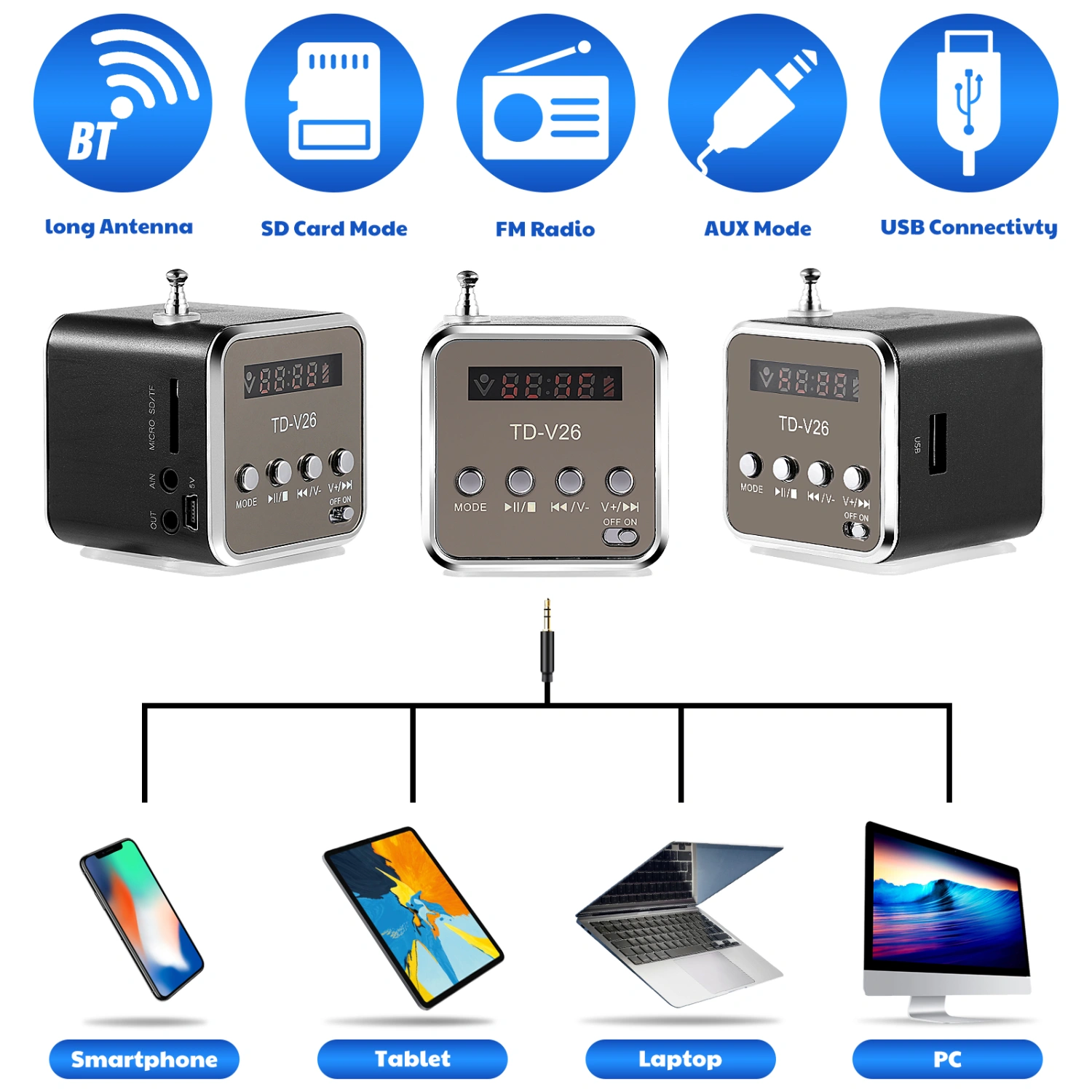 Mini Speaker Wireless Outdoor Portable Speaker LED Display Speaker Radio for Outdoor Travel (Black)