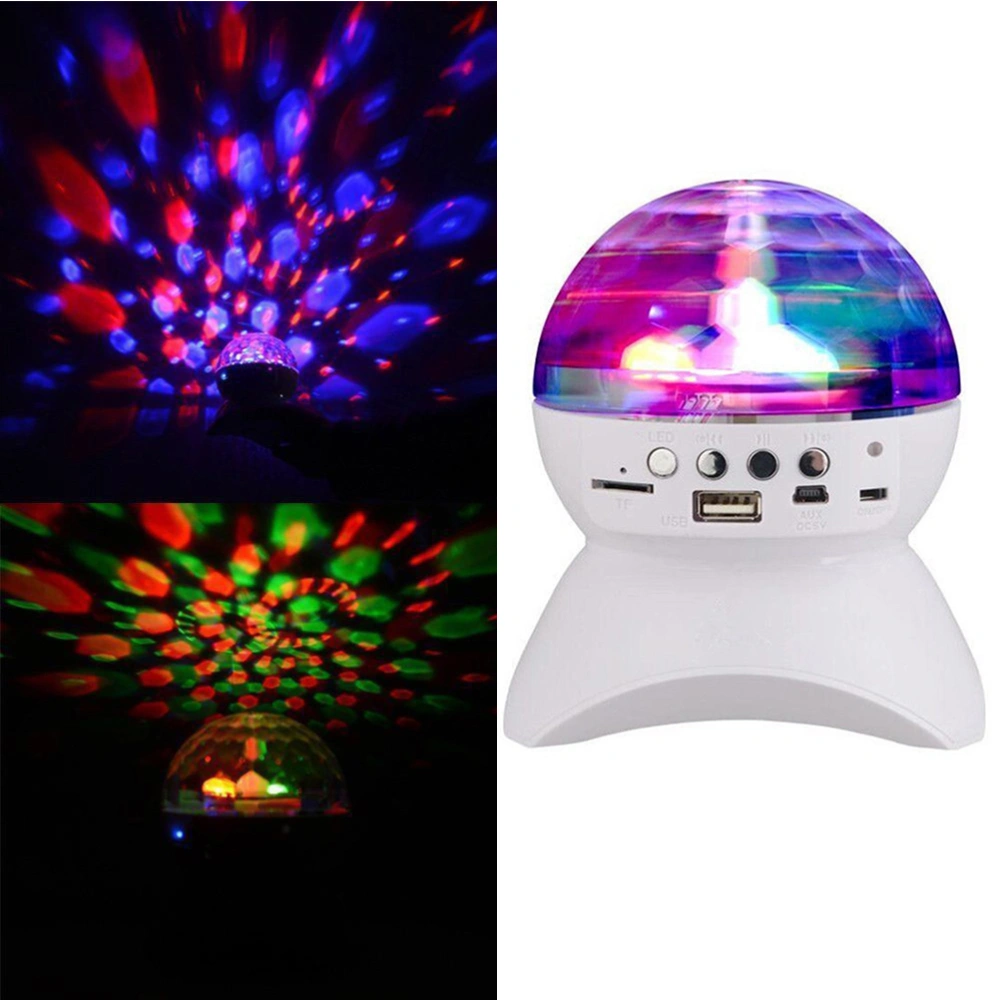 Mini LED WirelessColorful Rotating Stage Light Square Dance Sound Speaker Disco Ball Party LED Light FM USB Wireless Stereo DJSpeaker (White)