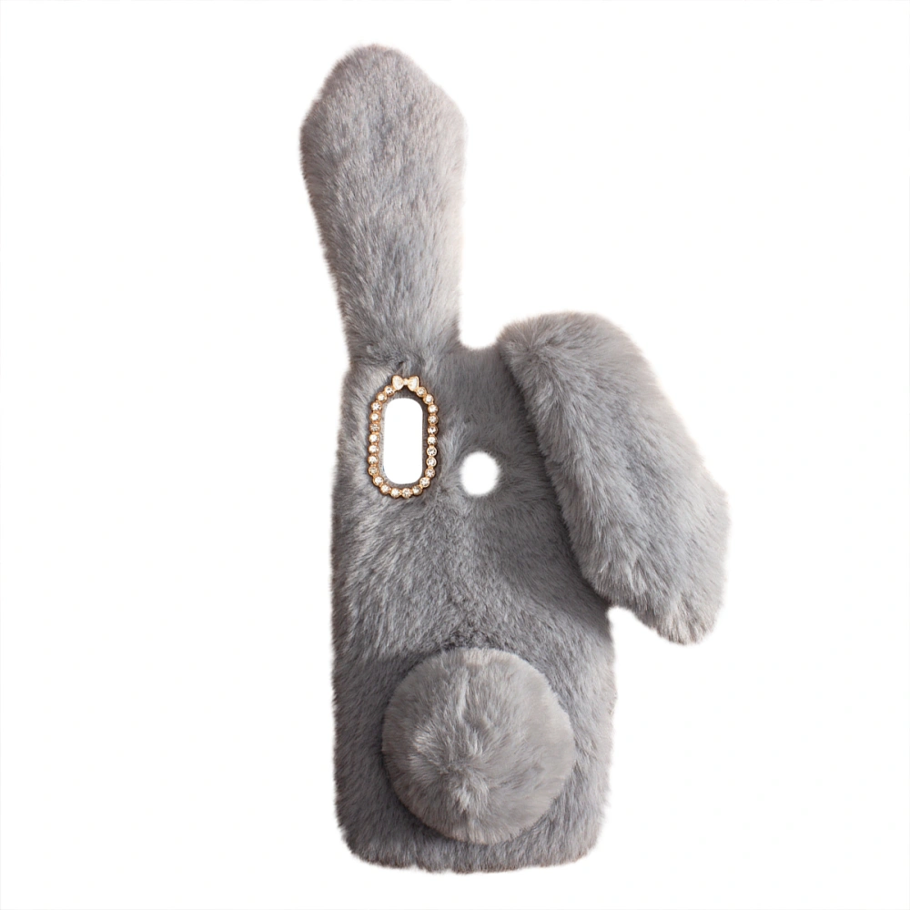 Light Grey Plush Rabbit Design Phone Case Fashion Rhinestone Shockproof Phoho Shell Keep Warm Cover Compatible with Galaxy A40