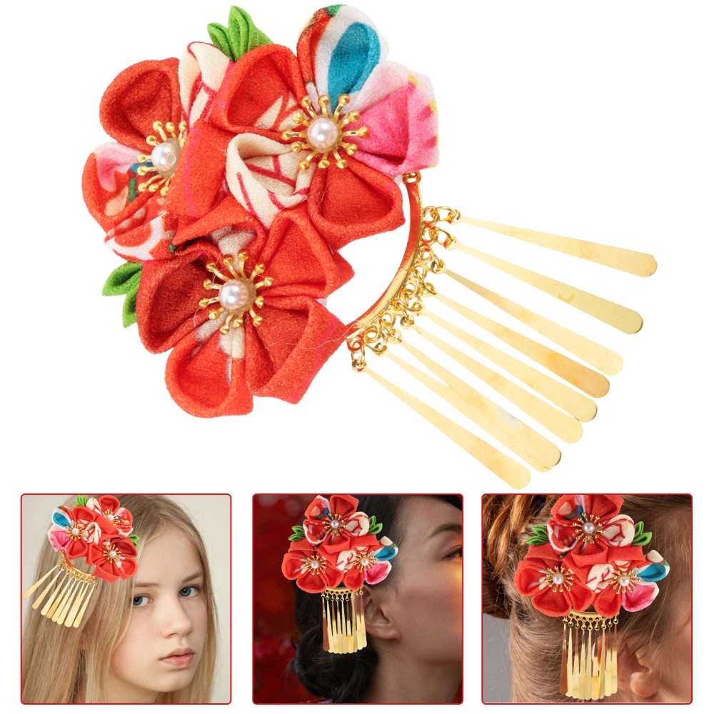 Japanese Style Hair Accessory Hanfu Tassel Hairpins Hair Clip Barrette Floral Hairclip for Traditional Clothes Kimono Decoration Red (The fabric pattern is random)