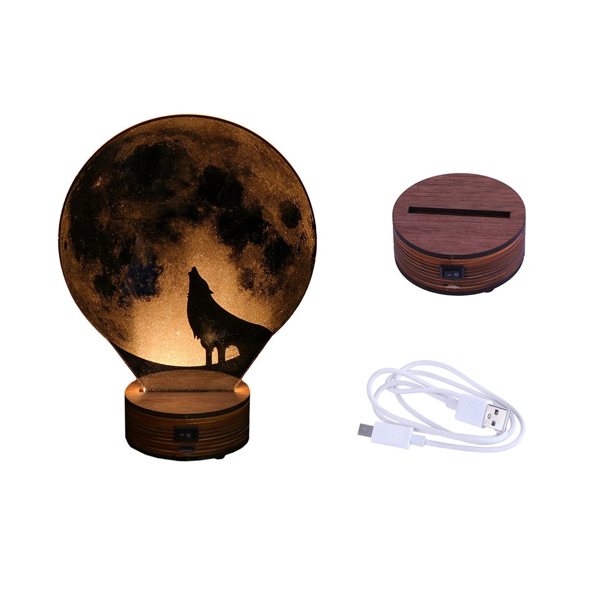 3D Wolf Night Light LED Wooden Base Table Lamp USB Decorative Lights for Bedroom Kids Room (Warm White)
