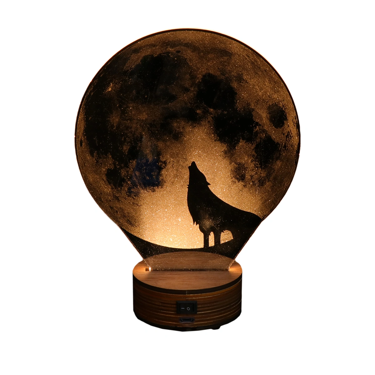 3D Wolf Night Light LED Wooden Base Table Lamp USB Decorative Lights for Bedroom Kids Room (Warm White)