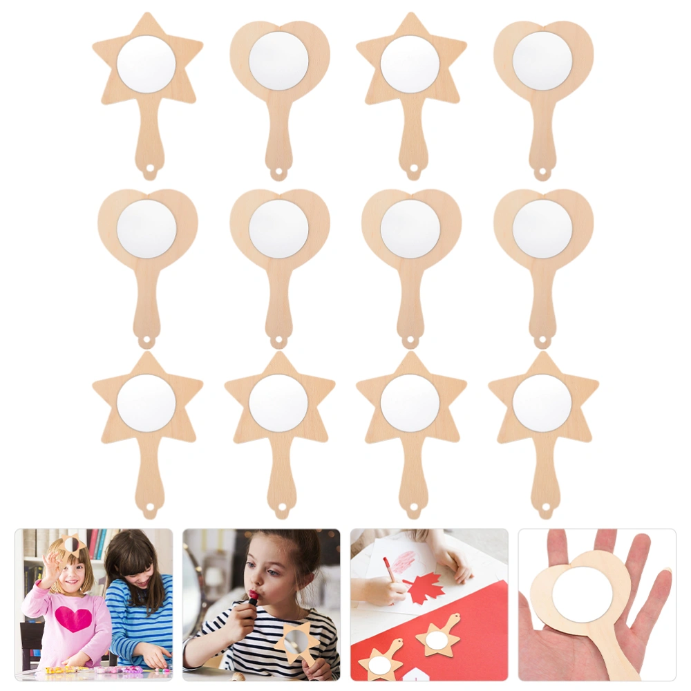 12Pcs Kids Unpainted Mirrors Handheld Cosmetic Mirrors DIY Wooden Mirrors Kids Painting Mirrors