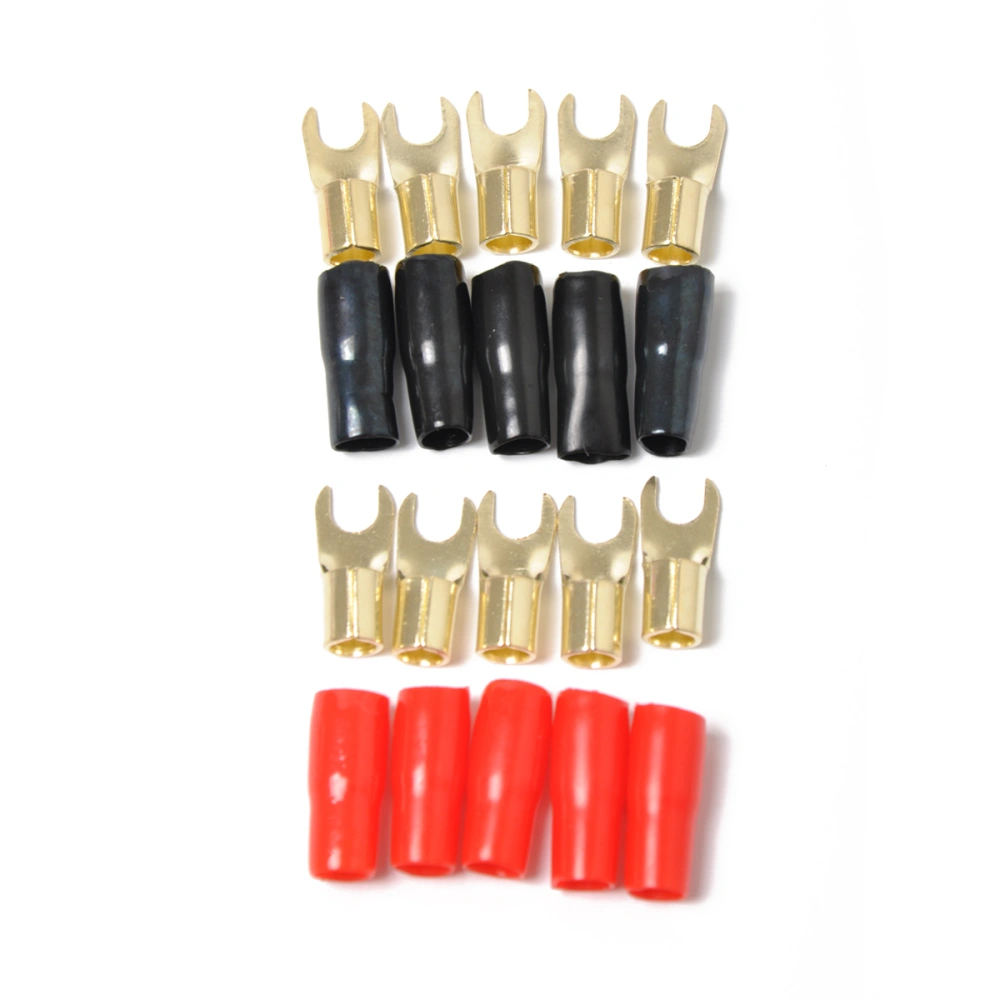 5 Pairs Copper Gold Plated 8 Gauge Strip Spade Terminal Spade Fork Adapters Connectors Plugs Crimp Barrier Spades for Speaker Wire Cable Terminal Plug - 8GA (Red and Black)