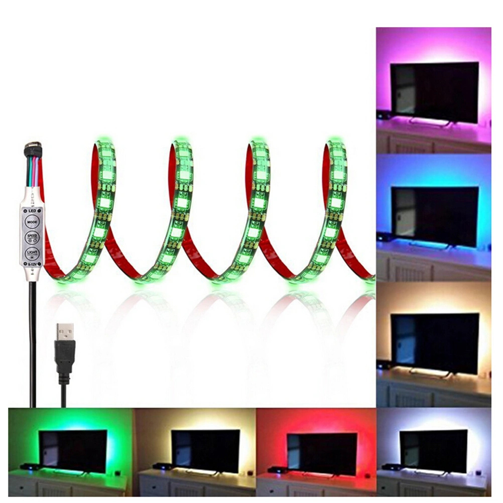 Colour Changing SMD 5050 RGB LED Strip Light DC5V USB Cable Flexible Tape Lights Rope Lights for TV Background Lighting and Decoration 120 LED Lights 2M