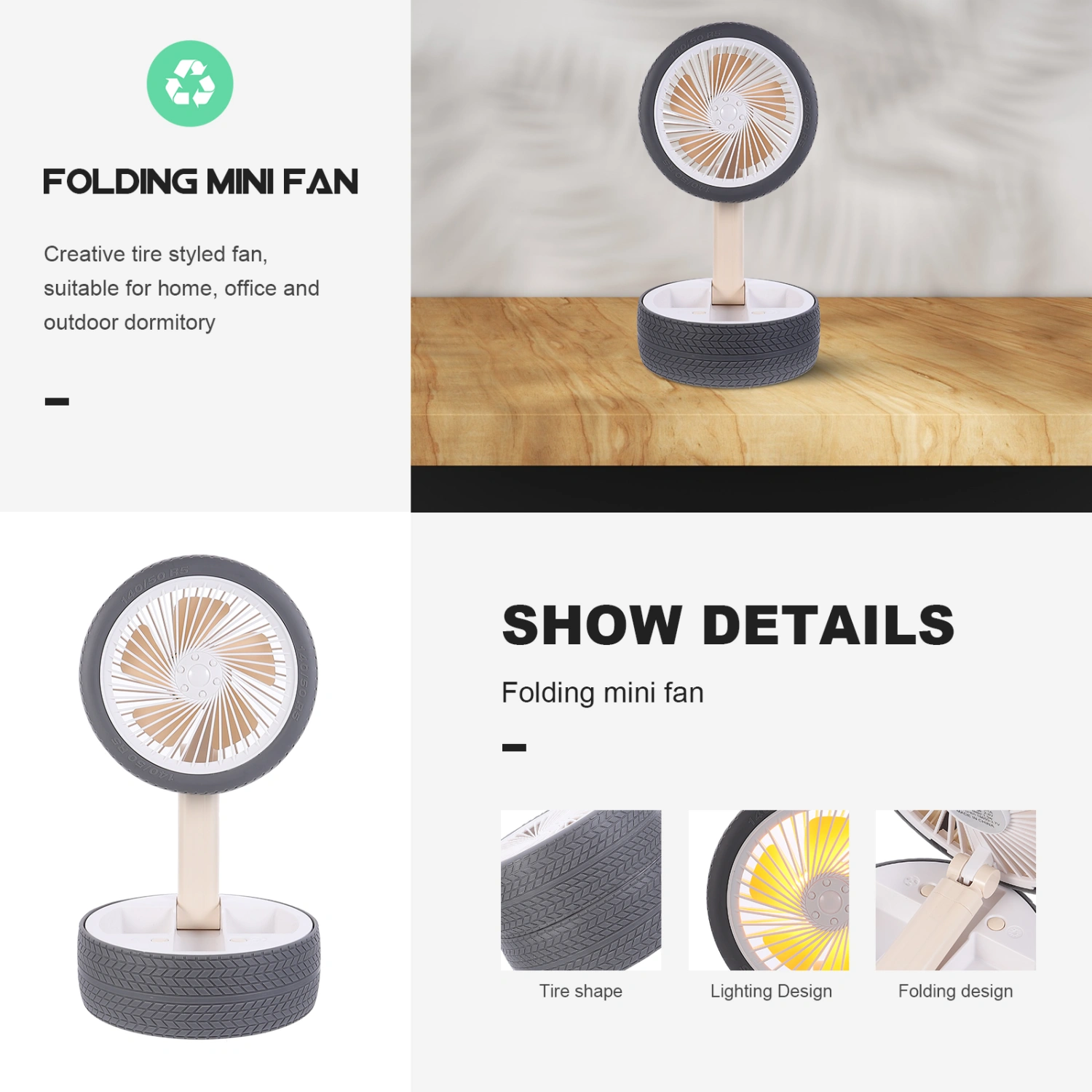 1pc Foldable USB Charging Fan Rechargeable Summer Fan Desktop Tire Styled Fan