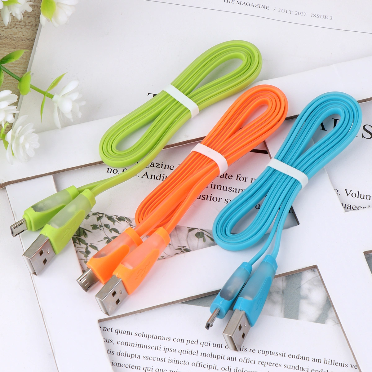 3pcs Mobile Phone Charging Color Glow USB Data Cable Compatible for Android Mobile Phone (Blue + Green + Orange)