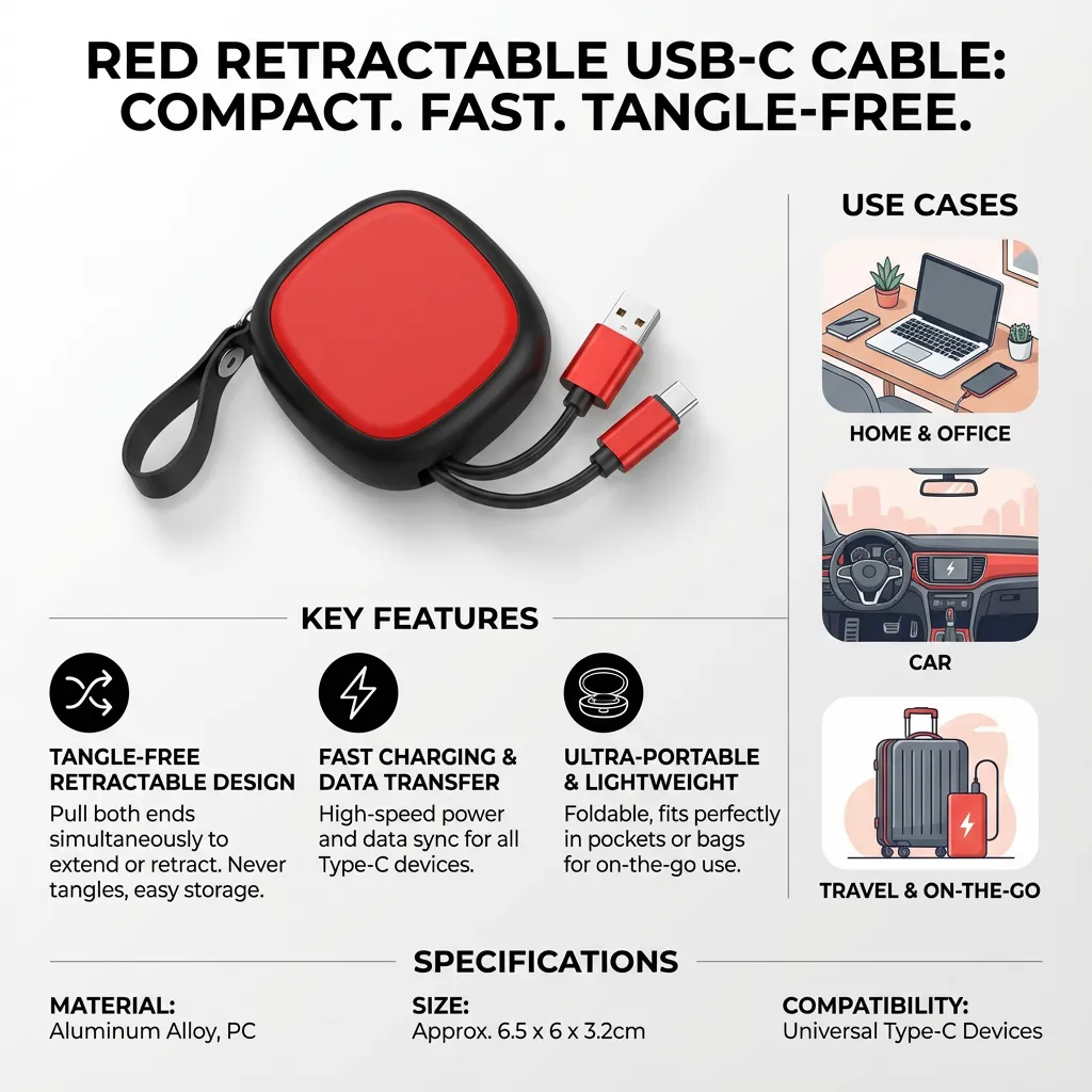 Type-C Retractable Charging Cable USB Data Line Portable Fast Charger Cord Multifunction Cable Data (Red)