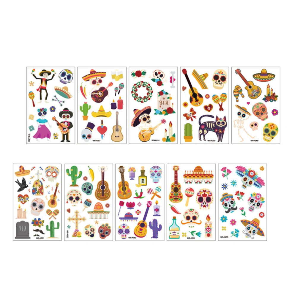 10 Sheets Day of the Dead Decals Mexico Day of the Dead Stickers Waterproof Guitar Skull Sticker Eco-friendly Paper Tattoos Sticker Decor for Kids Lady Man Body Decor