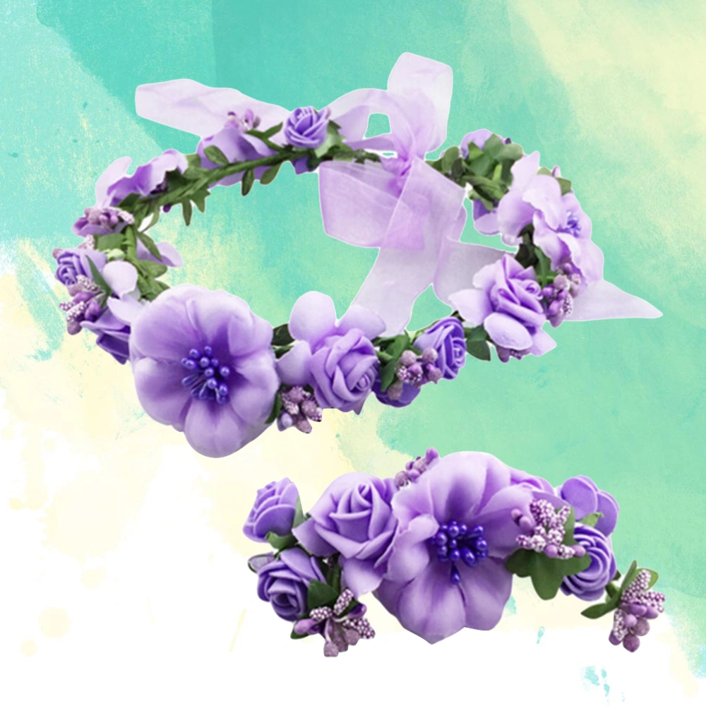 2Pcs Flower Wreath Crown Adjustable Floral Headband Garland with Flower Wristband for Wedding Festival Party (Purple)