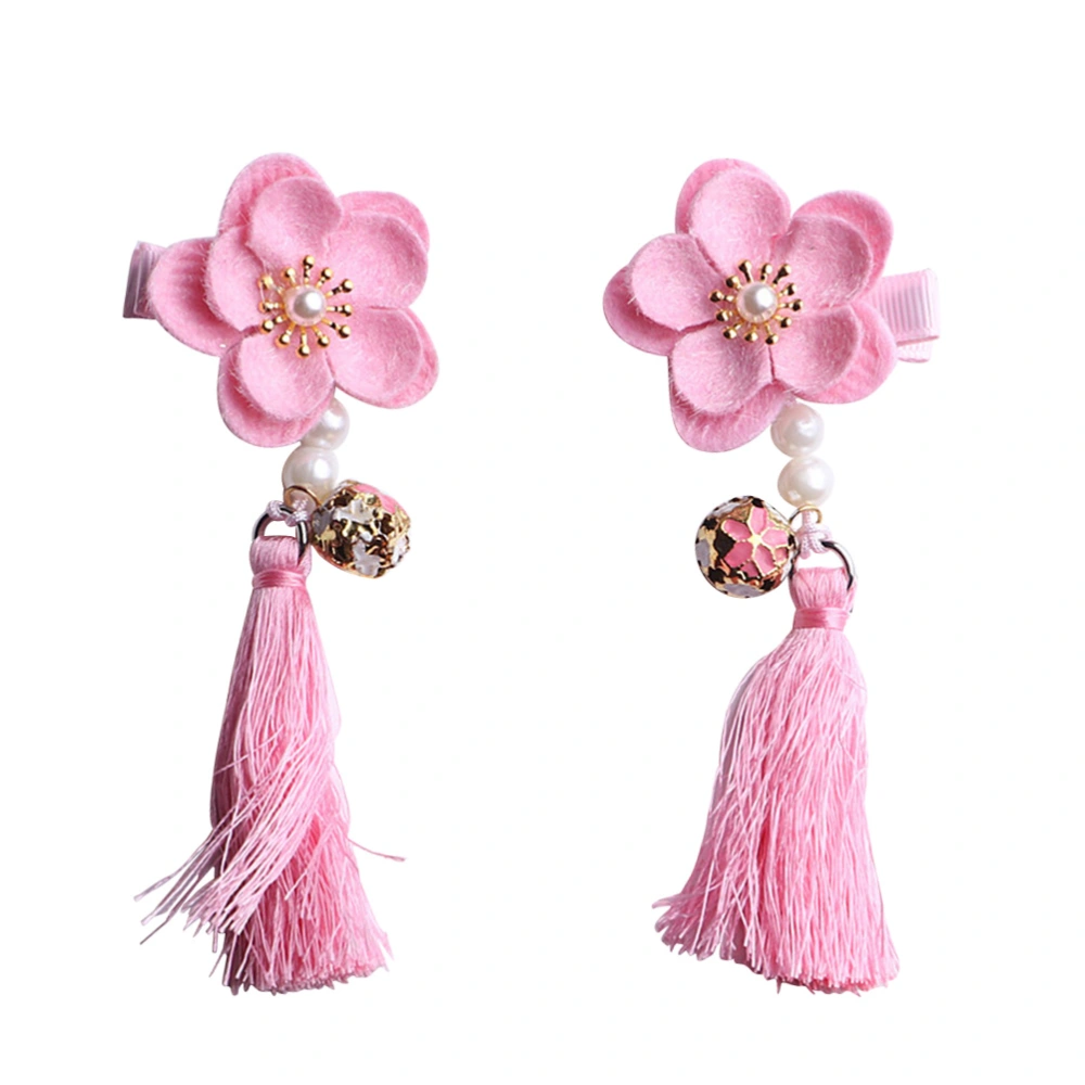 1 Pair of Kids Cloth Flower Bell Duckbill Clip Tassel Hair Clips Chinese Clothes Hair Accessories for Children Girls (Pink)