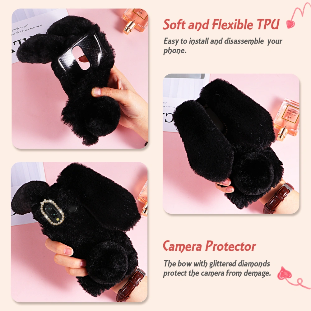 Black Plush Rabbit Design Phone Case Fashion Rhinestone Phoho Shell Winter Keep Warm Shockproof Cover Compatible with Galaxy A20/A30 Black