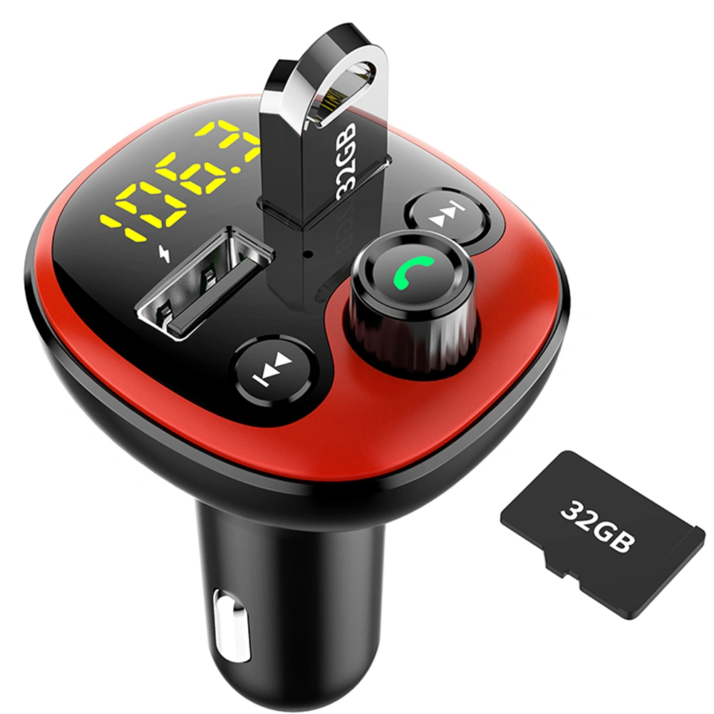 Car Dual USB FM Transmitter Hand-free Car Kit MP3 Player Support TF U Disk LCD Display with USB Charger Adapter (Red)