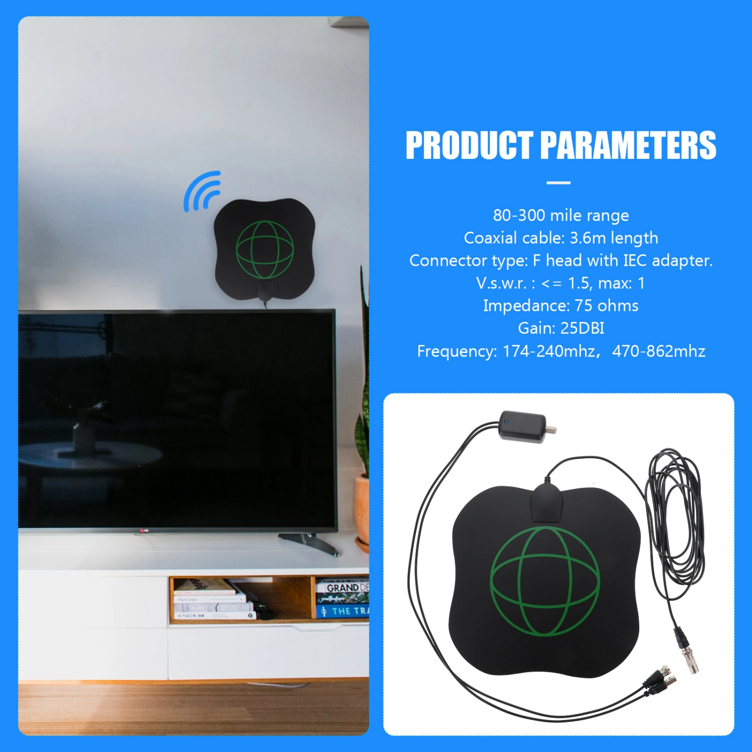 Digital TV Antenna 80-300 Miles High Definition Signal Aerial TV Antenna Indoor