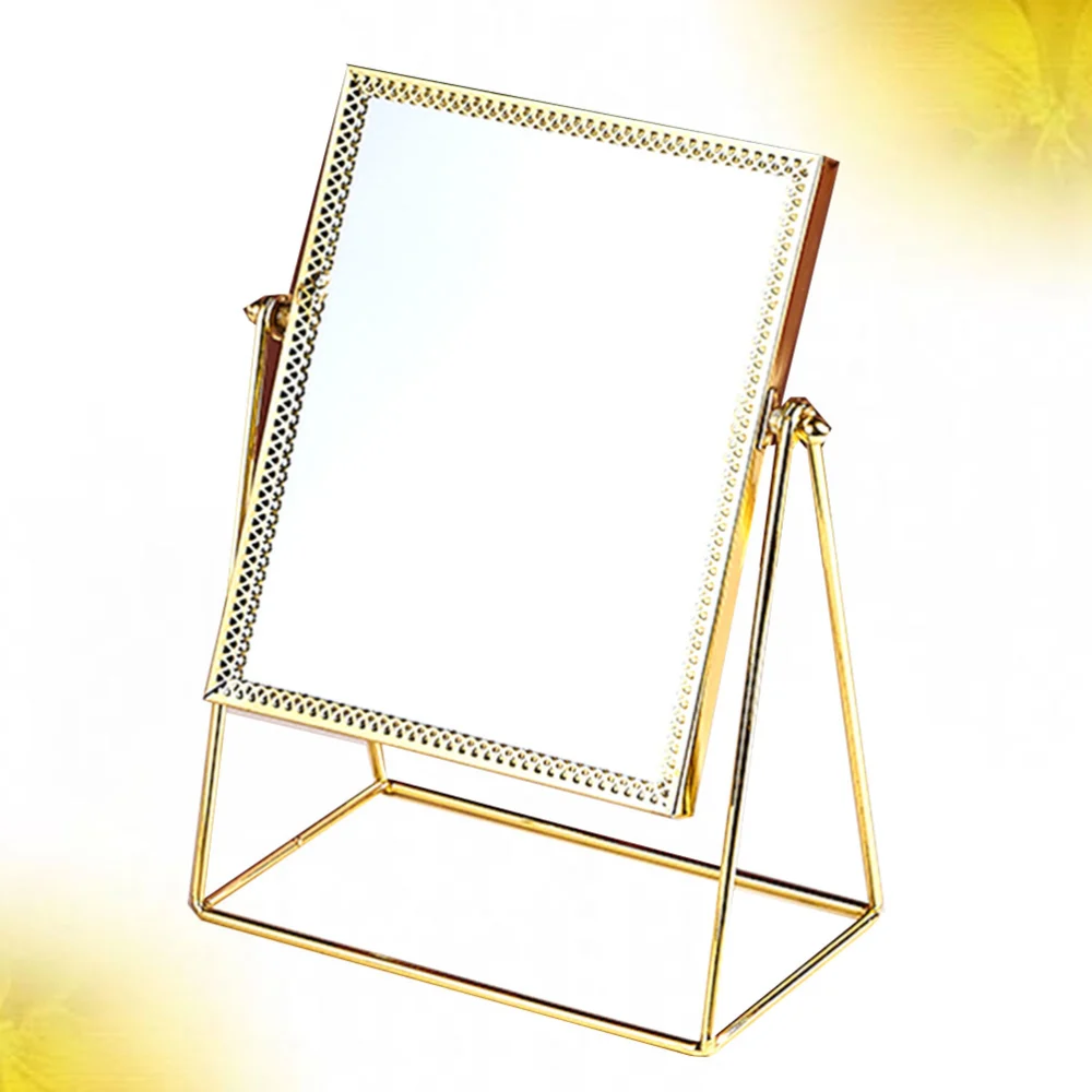 1pc Desktop Makeup Mirror Square Flower Lace Cosmetic MirrorDecorative Mirror for Home (Golden）