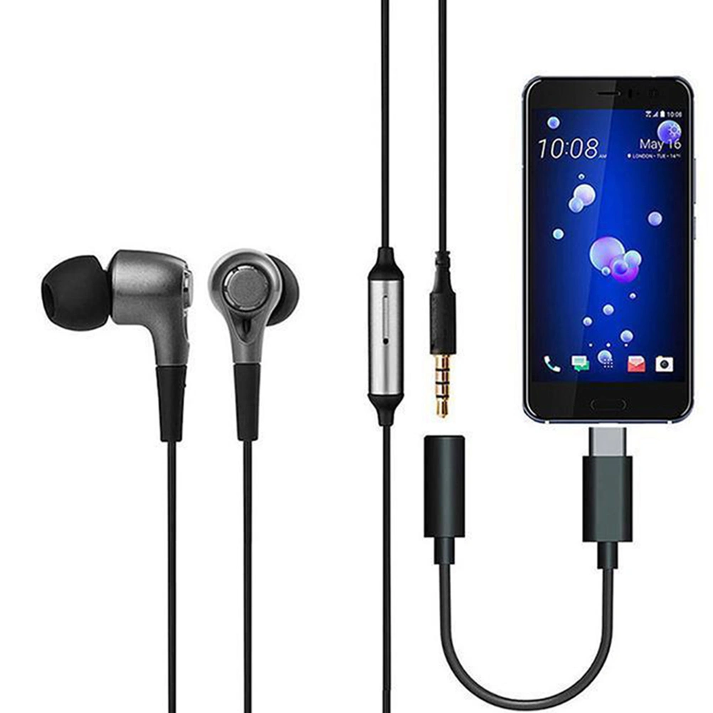 2pcs Type-C to 3.5mm Earphone Cable Adapter Usb 3.1 Type C USB-C Male to 3.5 AUX Audio Female Jack (Black)