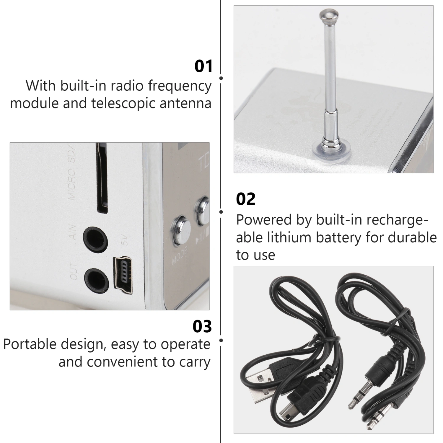 Mini Digital Portable Music MP3/4 Player Micro SD/TF USB Disk Speaker FM Radio (Silver)
